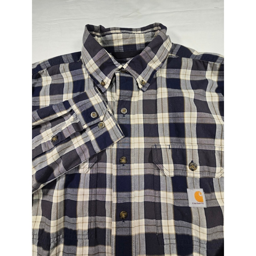Carhartt Mens Loose Fit Plaid Button Down Shirt Navy Blue White Medium